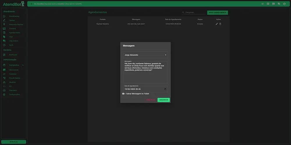 Tela de agendamento de mensagens do AtendBot
