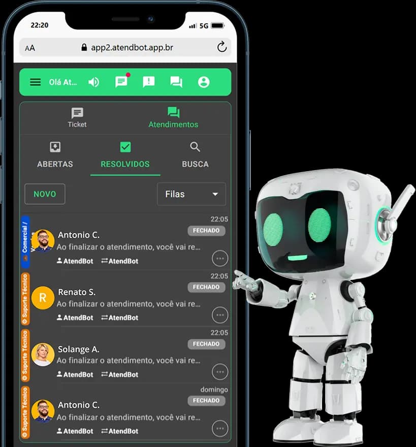 Lista de atendimentos do AtendBot em um celular, ao lado do robô mascote