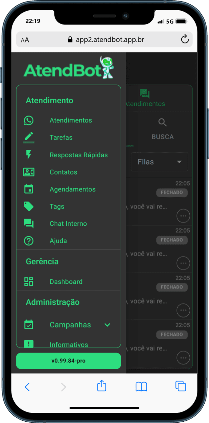 Menu do AtendBot aberto em um celular
