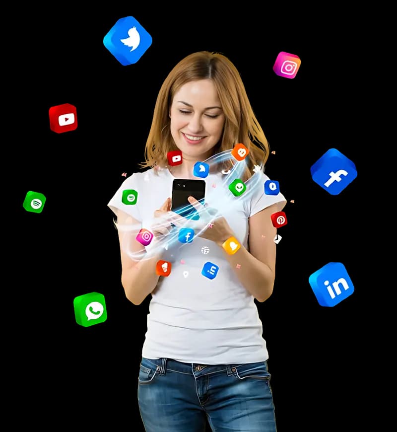Pessoa usando o celular cercada por ícones de redes sociais e aplicativos de mensagem