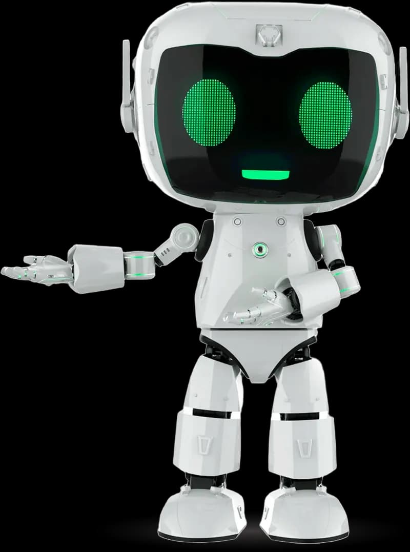 Robô mascote do AtendBot apresentando a plataforma